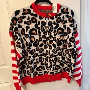 Leopard Print Cardigan with Red Stripes